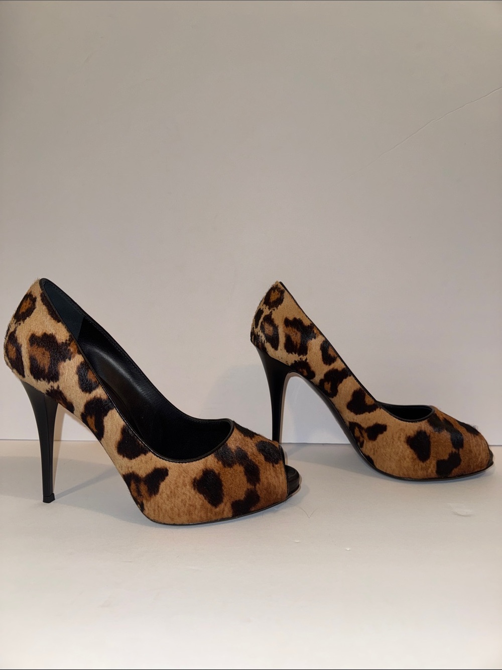 Giuseppe Zanotti Calf Hair Leopard Print Peep-Toe 4” Stilettos